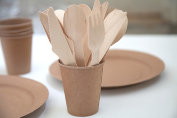 disposable natural eco dishes from paper cardboard forks spoons knives glasses tallets