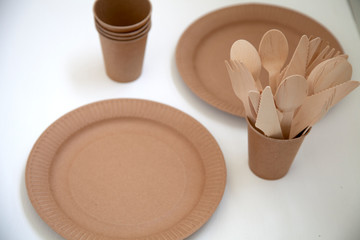 disposable natural eco dishes from paper carton forks spoons knives glasses tallets on a white background