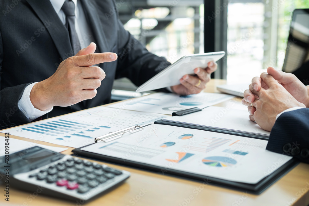 Poster business people talking discussing with coworker planning analyzing financial document data charts a