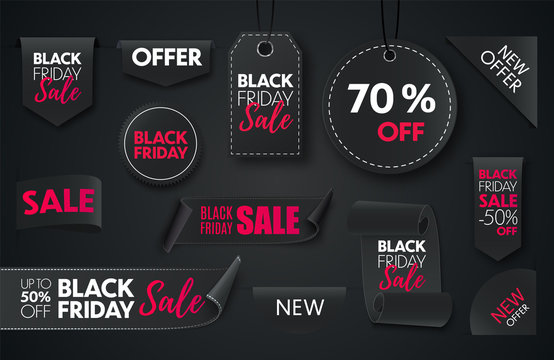 Black friday sale ribbon banners collection isolated. Vector price tags isolated on black background.