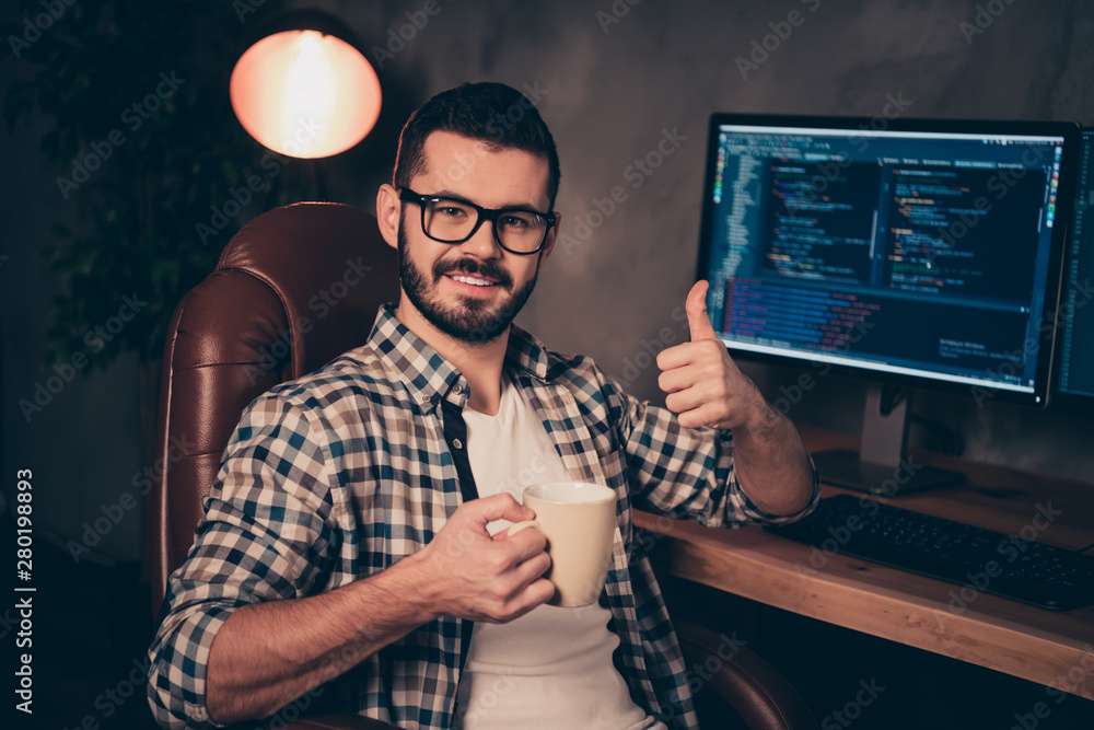 Poster close up photo stubble handsome he him his guy support programming hands arms mug beverage thumb up 