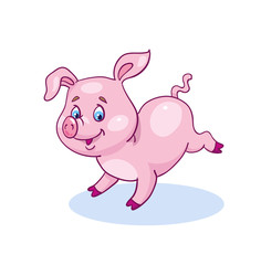 Little piglet jumping fun on the meadow. In cartoon style. isolated on white background.