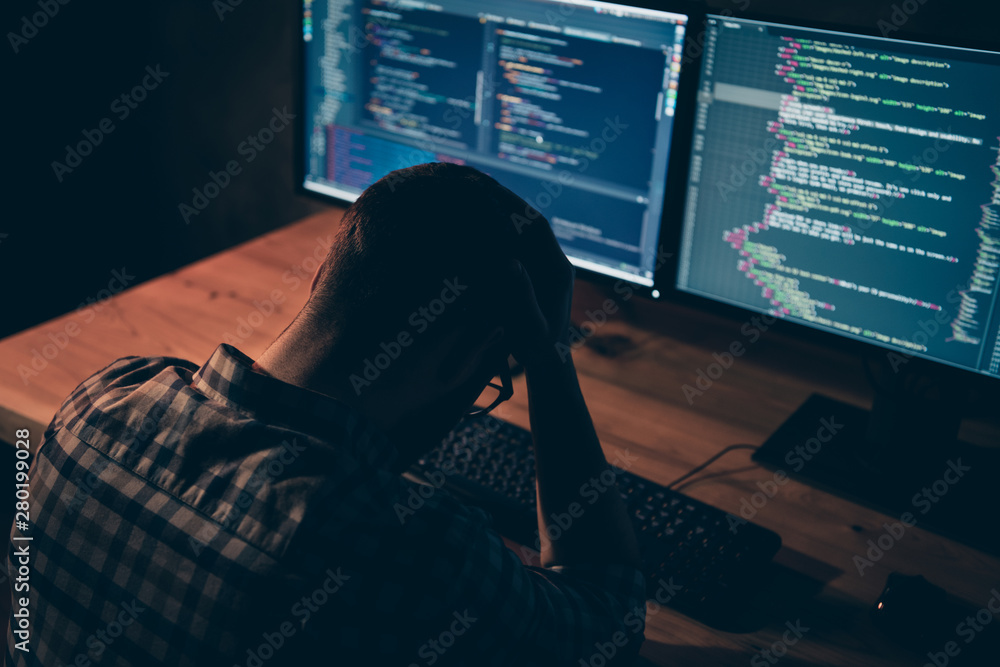 Poster close up back rear behind photo handsome he him his guy stress work day night coder html keyboard de