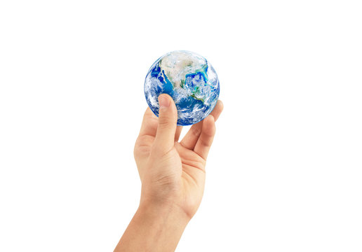 Ecology Concept : Man holding planet earth globe in hand isolated on white background. (Elements of this image furnished by NASA.)