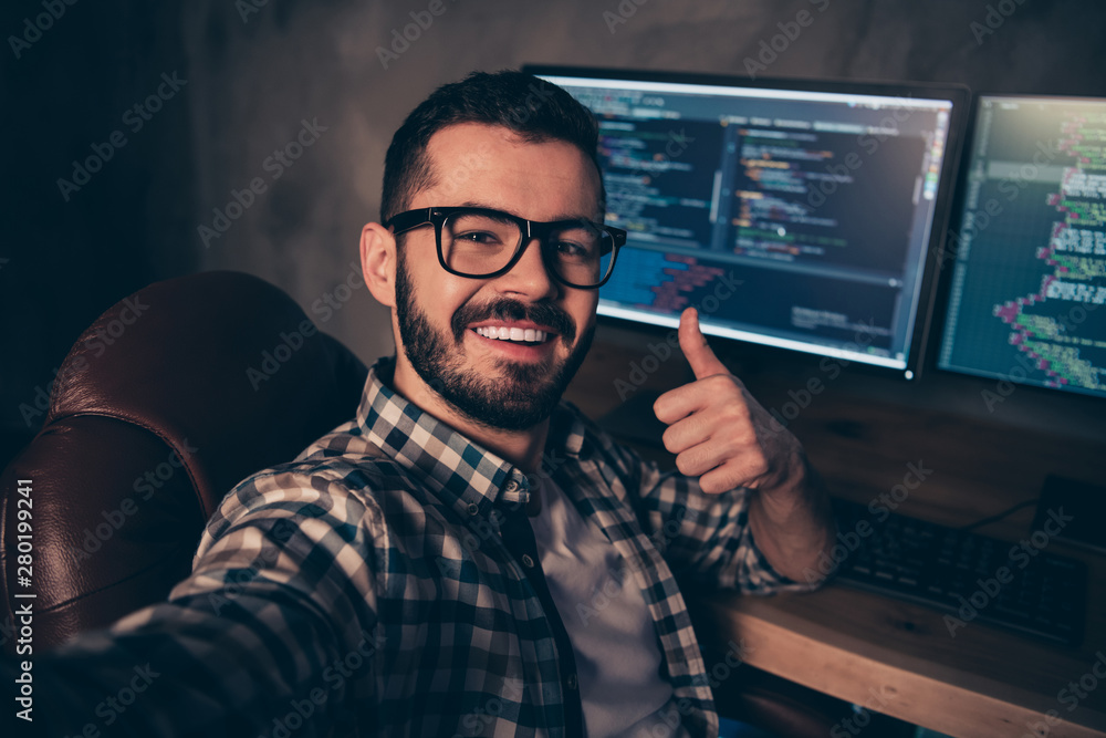 Poster close up photo handsome he him his guy coder make take selfies blog advising web agency thumb up dev