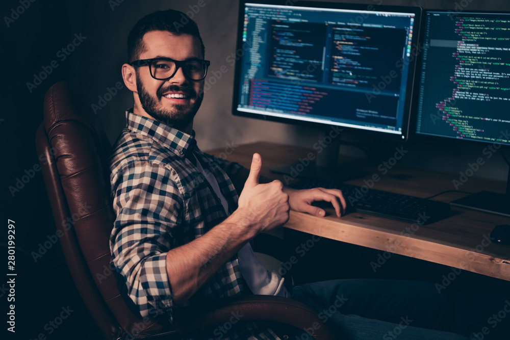 Poster close up side profile photo handsome he him his guy coder advising web agency thumb up keyboard deve