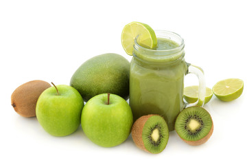 Fruit juice smoothie health drink with mango, lime, kiwi and apple on white background. High in antioxidants, vitamins and dietary fibre. 