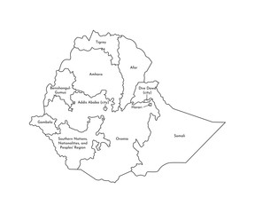 Vector isolated illustration of simplified administrative map of Ethiopia. Borders and names of the regions. Black line silhouettes