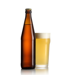Bottle of beer and a glass on a white background
