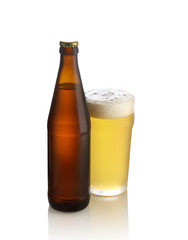 Bottle of beer and a glass on a white background