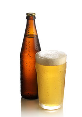 glass of beer and bottle on white background