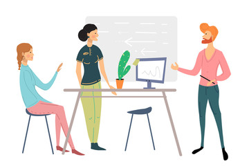 Office people scene. Men and women taking part in business meeting, negotiation, brainstorming, talking to each other cartoon vector illustration.
