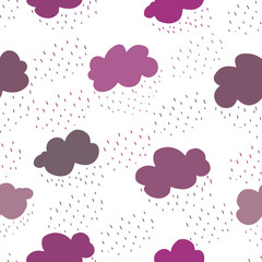 Pink and purple clouds and rain drops seamless pattern.