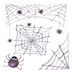 watercolor halloween set with spider webs and spiders. A set of items. Isolated on white background. Suitable for invitations, cards, decorations