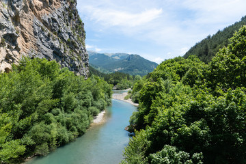Fototapeta na wymiar View of the Verdon river, at the beginning of the Verdon Gorges near village Castellane. Alps of Provence. France.