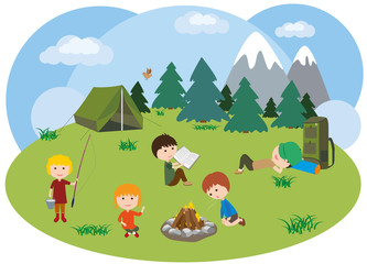 Children in a hike. Boys and girls around the campfire in the meadow. Campfire camping.