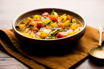 Lauki/doodhi ki Sabji also known as bottle gourd curry. served in a bowl or karahi. selective focus