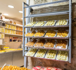 A shop with oriental sweets in Muslim Quarter in the old city of Jerusalem, Israel