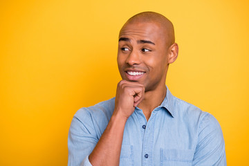 Photo of dark skin macho positive listen wondered partners corporate meeting wear jeans denim shirt...