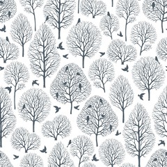 Seamless hand drawn background with silhouette of trees and birds in the garden, vector illustration in vintage style.
