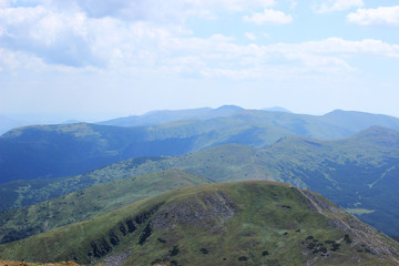 Fantastic panorama of the Carpathian mountains, view from the top of the mountain.