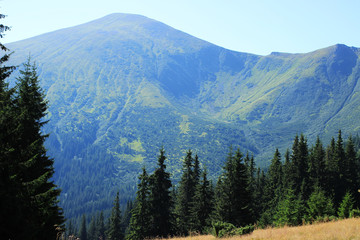 A small halt on the way to the top of the mountain. Wonderful view of the huge mountain.