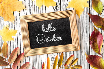 HELLO OCTOBERr lettering card. Concept of the fall season