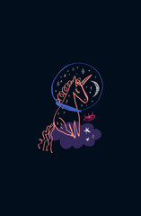 Space unicorn, cloud and stars, hand drawing doodle childish vector