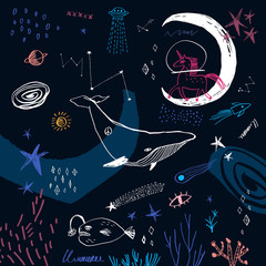 Space underwater scene with unicorn, whale, Moon and stars. Doodle childish vector © Knstart Studio
