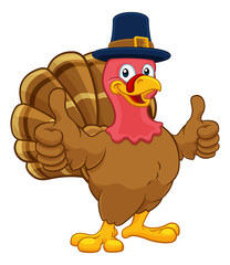 Pilgrim Turkey Thanksgiving bird animal cartoon character wearing a pilgrims hat and giving a thumbs up