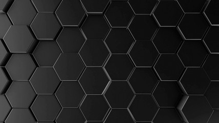 Abstract dark hexagon geometry background. 3d illustration of simple primitives with six angles in front
