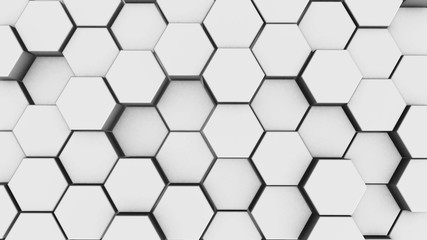 Abstract white hexagon geometry background. 3d render of simple primitives with six angles in front
