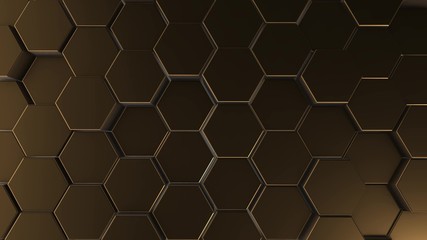 Gold hexagon geometry background. 3d illustration of simple primitives with six angles in front