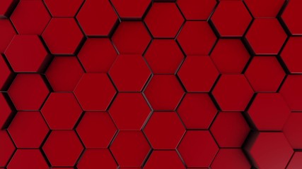 Red hexagonal motion background. 3d illustration of simple primitives with six angles in front