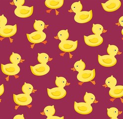 Ducklings, seamless pattern, color, purple, vector. Yellow cheerful ducklings. Color, flat picture. Vector, flat seamless background. 