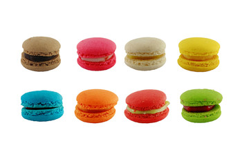 Colorful homemade macaroons on a white background