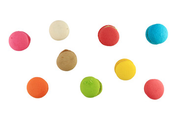 Colorful homemade macaroons on a white background.
