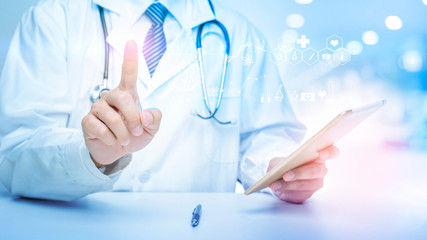 Close up of Doctor is showing medical analytics data, Medical technology concept