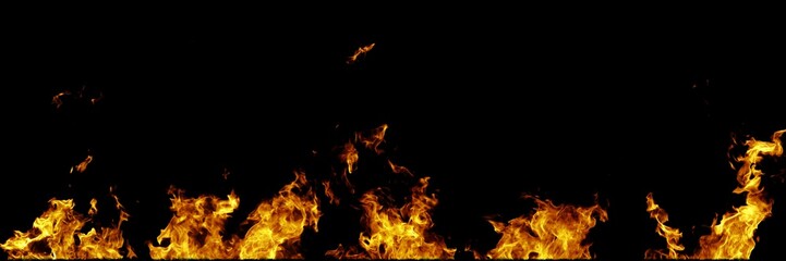 Fototapeta na wymiar Real fire flames isolated on black background. Mockup on black of 5 flames.
