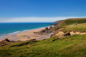 South West coastal path, view over Sandymouth Bay, Cornwall