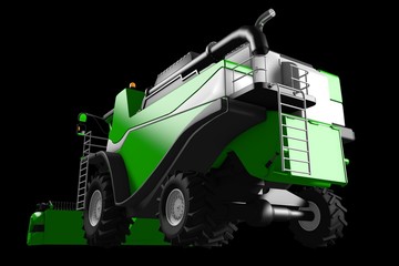 Fototapeta premium industrial 3D illustration of large rendered green wheat agricultural harvester rear view isolated on black