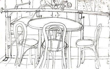 Hand drawn sketch illustration with cafe,  background 
