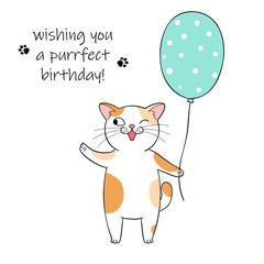 Cute cartoon cat holding a balloon. Hand drawn illustration for birthday greeting card
