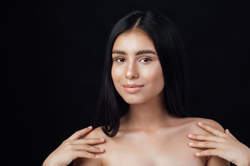 Fototapeta premium Beauty skin woman face close-up healthy hair and skin cosmetic natural makeup happy model emotional face. Healthy skin woman close up face cosmetic beauty girl young model beautiful portrait