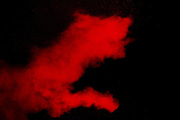 Red color powder explosion on black background.Freeze motion of red dust particles splashing.
