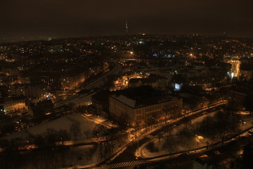 Fototapeta na wymiar Vue aérienne nocturne de Prague (fond d'écran/backdrop)