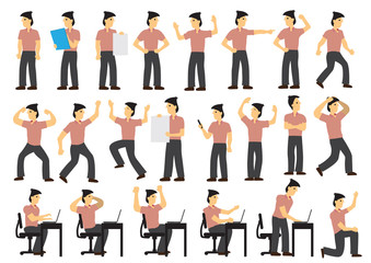 Fototapeta premium Set of a young man worker character in different action and poses. Isolated vector illustration.