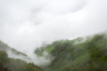 Morning mist on the mountain pass Abano (2926 m). Georgia, Tusheti