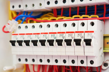 Fuse box, power supply circuit breakers. Voltage switchboard with electric automatic. Control panel electrical switches home electrical network.
