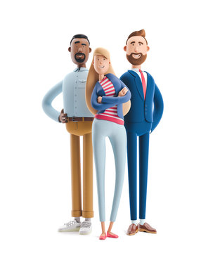 3d illustration. Group of happy business people standing on a white background. Stanley, Emma and Billy.